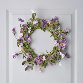Lights4fun Moderner Kranz mit künstlichen Trockenblumen Lila Violett Pink Grün Lavendelfarben Weiß Deko Frühlingskranz Osterkranz Innen Ostern Tischdeko Tischkranz Türkranz Frühlingsdeko Innen 45cm