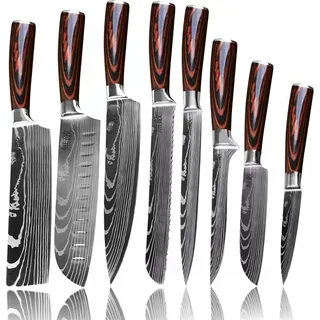 YEZEY Japanische Küchenmesser Scharf (20,5 cm) - Hochkohlenstoffstahl Kochmesser Profi Messer - Messer japanischer Art - 8 Messerset mit Geschenkbox - Grau