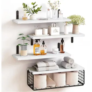 Set aus 4 Holz-Wandregalen, Badezimmerregal mit Metallkorb, schwebende Wandregale im rustikalen Stil, für Wohnzimmer, Schlafzimmer, Küche, Büro (weiß) - Weiß
