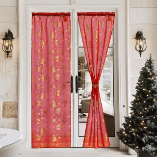 PONY DANCE Türvorhang Weihnachten Scheibengardine Balkontür Vorhang Transparent Französischer Türvorhang B 60 x H 240 cm Balkontür Gardine Rot Weihnachts Gardine mit Stangedurchzug
