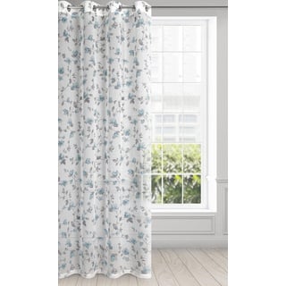 Eurofirany Jenny Transparent Blumen Gardine mit Ösen 1 STK. Leicht Leinenoptik Wohnzimmer Küche Kinderzimmer Schlafzimmer, Fenstervorhang, 140x250cm, Weiß und Blau, 401381