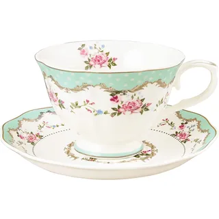 fanquare Große Grüne Teetasse mit Untertasse, 200ml Vintage-Kaffeetasse, Britische Rose Tee-Tasse, Elegante Kaffeetasse