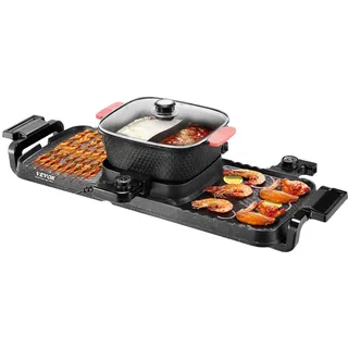 Vevor Hot Pot 2300 W 2 in 1 elektrischer rauchfreier Grill abnehmbarer Shabu-Shabu-Topf mit Antihaft-Pfanne, separate doppelte Temperaturregelung, koreanischer Indoor BBQ Grill für 1–6 Personen