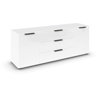 Rauch Möbel Flipp, Sideboard, TV-Schrank, Kommode mit Stauraum, Alpinweiß/Glasfront Weiß, 2-türig, Glastüren, 3 Schubkästen, Griffe graphit, 160x61x42cm