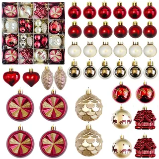 Weihnachtskugeln Kunststoff Set,40 Stücke Weihnachtskugeln Rot Weiß,Christbaumkugeln Kunststoff Bruchsicher,Wiederverwendbar Weihnachtsbaum Deko,mit Aufhänger Bruchsicher Christmas Bälle (Dunkelrot)