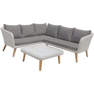 Gardenson Loungegarnitur , Grau, Dunkelgrau, Hellbraun , Holz, Metall, Kunststoff, Glas , Akazie , Hartholz , Füllung: Polyester,Polyester , L-Form , 180x75x294 cm , regenabweisend, UV-beständig, wetterbeständig, Tisch mit Glasplatte, geeignet für Balkon , Gartenmöbel, Loungemöbel, Loungegarnituren