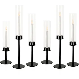 Basitys Schwarz Hurricane Kerzenständer 6 Set Metall Kerzenhalter Stabkerze mit Glaszylinder Stabkerzenhalter mit Windlicht Glas Kerzenleuchter für Weihnachten, Hochzeit, Abendessen (6, Schwarz)