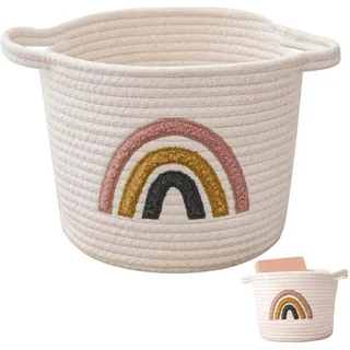 Kleiner Gewebter Aufbewahrungskorb - 25x20cm Korb Geflochten mit Griffen Baumwollseil-Regalkorb mit Regenbogen Kinder Spielzeugkorb Wäschekorb Baby für Kinderzimmer Schlafzimmer Organisieren Kleidung