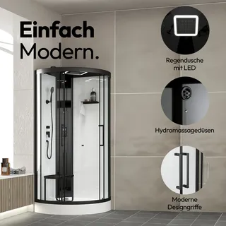 Dusche Komplett Marwell Dampf Duschkabine Spa Round 95x95x218cm - Fertigdusche im komplett Set mit Acrylwanne und Armatur - mit LED Regendusche - Radio und Bluetooth