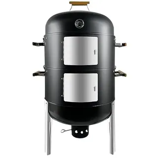 Joyagrill Smoker BBQ XXL L67 x 52 x 104H cm Thermometer, Belüftungsöffnung, 2-stöckiger Fleischräucherofen mit 5 Holzgriffen und Rippenhalter mit 4 Haken für Partys, Garten-BBQ, Camping-Grillen