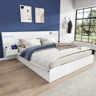 Flieks Holzbett Doppelbett 180x200cm mit USB & Elektronischer Uhr, Jugendbett Bett mit 2 Nachttisch & Bluetooth-Lautsprecher, Klassisches Bett, Weiß - Weiß