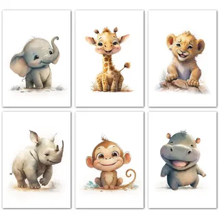 LAVEMA Bilder Kinderzimmer | Glückliche Safari Tiere | Poster A4 (21x30cm) ohne Bilderrahmen | Babyzimmer Deko | Wanddeko Beige Poster | Baby Junge Mädchen Dekoration