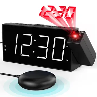 180° Digitaler Projektionswecker, Projection Clocks, Vibrationswecker mit Ladegerät, Wochenendmodus, Wecker laut für Tiefschläfer, Uhr für Schlafzimmer, 12/24H, Einstellbare Helligkeit, Snooze