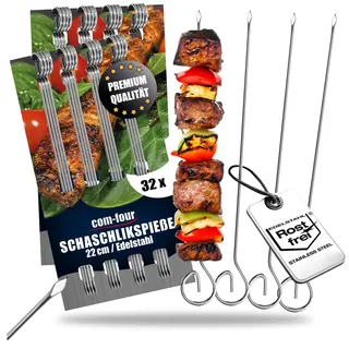 com-four® 32x Schaschlikspieße 22 cm aus Edelstahl - Lange Fleischspieße - Premium Grillspieße, Gemüsespieße im Set für BBQ, Grill, Fleisch, Schaschlik und Gemüse (22cm - 32 Stück)