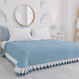 PETTI Artigiani Italiani - Sommer-Tagesdecke aus Baumwolle, Tagesdecke mit Doppelrüschen, leichte Decke für Doppelbett, Bettlaken mit Volant, Hellblau, 100% Made in Italy