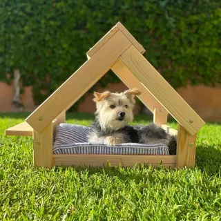 Skraut Home - Hundehütte in Naturfarbe – Bett aus Naturholz FSC für kleine und mittelgroße Hunde und Katzen – Haus für Tiere – 2 Napfhalterungen 76 x 44 x 55 cm