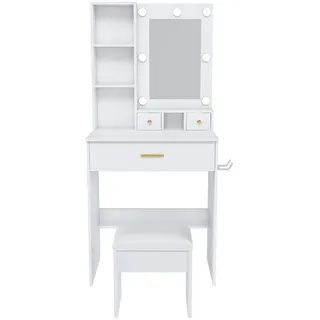 Stilvora Schminktisch in Weiß Frisiertisch mit Hocker, Spiegel, LED und Steckdose, für kleine Schlafzimmer, B60/H131.5/T38cm , Holzwerkstoff , 2 Fächer , Rechteckig,Rechteckig , 60x131.5x38 cm , Schlafzimmer, Schminktische