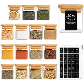 ComSaf Gewürzgläser mit Etiketten 120 ml 16 Stück, Gewürzgläser Eckig mit Holzdeckel Glas, Gewürzdosen Luftdichte, für Kräuter, Tee, Kaffee, Curry, Küche & Vorratsschrank
