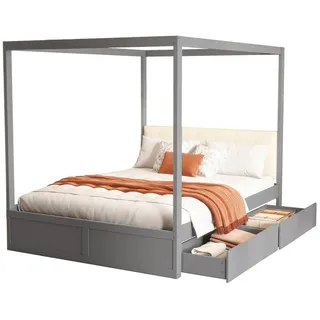 Okwish Himmelbett 140/200 cm grau mit großen Schubladen und gepolsterter Rückenlehne , Grau , Holz , 140x200 cm , Schlafzimmer, Betten