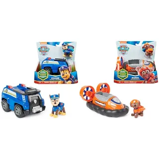 PAW PATROL, Polizei-Fahrzeug mit Chase-Figur & Luftkissenboot mit Zuma-Figur (Sustainable Basic Vehicle/Basis Fahrzeug), Spielzeug für Kinder ab 3 Jahren