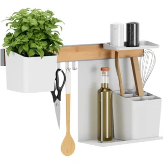 Tesa Küchen-Organizer Kombi-Set M - selbstklebende Küchenleiste mit Kräutertopf, 2 Ablagen, Hakenleiste - Bambus/Weiß