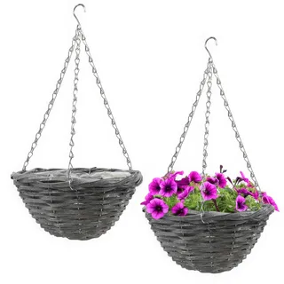 Spetebo Weide Flechtkorb zum hängen 29 cm mit Folie - 2er Set - Garten Deko Rattan Blumenampel Shabby grau mit Metallkette