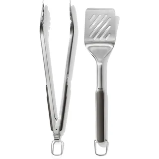 OXO Good Grips Set aus Wender und Zange zum Grillen – spülmaschinenfestes Grillzangen-Set mit Fleischwender aus Edelstahl – 41 cm und 47,5 cm