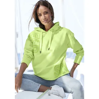 Kapuzensweatshirt ELBSAND "Elgin", Damen, Gr. M (38), grün (limone), angeraute Sweatware, Obermaterial: 95% Baumwolle, 5% Elasthan, unifarben, figurumspielend hüftlang, breiter Bund, Sweatshirts Kapuzensweatshirt, mit Logostickerei, lockerer Hoodie aus elastischer Baumwolle, Topseller