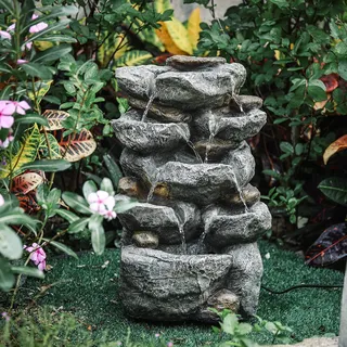 BTGGG Springbrunnen für Außen, Brunnen Garten mit LED Beleuchtung, Zimmerbrunnen für Draußen, Wasserspiel Garten,Wasserfall Brunnen für Garten, Gartenteich, Terrasse, Teich, Balkon Deko, Dunkelgrau