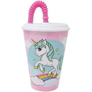 damaloo Einhorn Kinder Becher mit Deckel und Strohhalm - Unicorn Mehrwegbecher 0,4 l - Trinkbecher mit Strohhalm für Kinder - BPA frei für Kids - Einhorn Kinderbecher für Mädchen