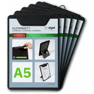 Sigel KB101/5 Klemmbretter A5, schwarz, mit Aufstellfunktion, 5er Pack, stabile, stylische Clipboards mit edler Leinenstruktur, strapazierfähig und leicht abwischbar, für Speisekarten