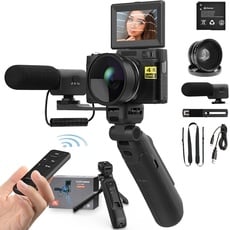 Fine Life Pro Digitalkamera 4K 48MP Autofokus Full HD Vlogging Kamera für YouTube Flip Screen Kompaktkamera mit Stativgriff, Weitwinkel & Makroobjektiv, Mikrofon, Batterien, Schwarz