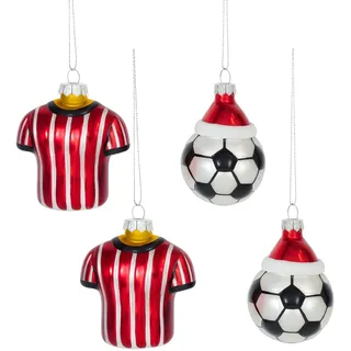 Weihnachtskugeln Fußball - Trikot – 2er Set Christbaumkugeln Sportmotiv – Baumschmuck Fußball Fanartikel, Fußball Geschenk Weihnachten, Deko Kugeln rot-Silber schwarz-weiß“