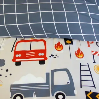 sweeek - Wende-Bettwäsche 1 Person Feuerwehr-Motiv Mikrofaser 140 x 200 cm - Blau und grau - Blau, Grau