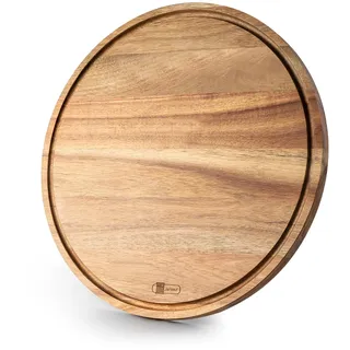 Großes rundes Akazienholz Schneidebrett mit Saftrille | 40 cm Servierplatte aus Holz für Küche, Fleisch, Brot, Gemüse | JF JAMES.F – 2-in-1 Küchenzubehör