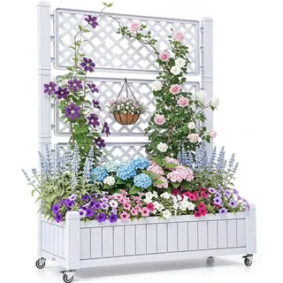 Hochbeete mit Rankgitter, Garten-Rankgitter mit Rädern, 108,5 x 44 x 155 cm, Drainagelöcher und Stopfen für Kletterpflanzen, erhöhter Übertopf hält 6,8 kg für Gemüse, Blumen, Obst (weiß)