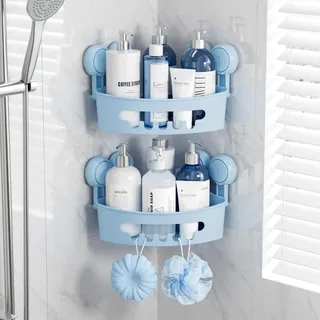 TAILI Duschablage Ohne Bohren,Einstellbar Ecke Dusche Caddy Saugnapf 2er Set Dusche Zubehör mit Haken Rostfrei Schwarz Duschregal Organisator, Blau