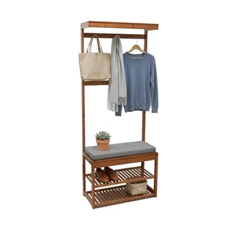 Relaxdays Garderobenständer, Sitzbank, 2 Schuhablagen, 10 Haken, HBT: 175x70x33 cm, Walnussoptik, Kleiderständer, braun