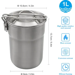 1 l Kaffeetasse mit Klappgriff und belüftetem Deckel, Camping-Wasserkocher aus Edelstahl, leichter Kochtopf für Rucksackreisen, Wandern, Reisen
