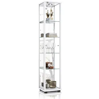 K-Möbel Glasvitrine 33/37/176 cm mit Spiegel, Led, Schloss & 4 höhenverstellbaren Glasböden , Weiß , Holzwerkstoff , Rechteckig , 37x176x33 cm , Esszimmer, Vitrinen, Vitrinenschränke
