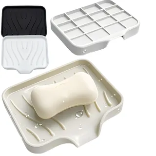 2PCS Seifendose Silikon Mit Ablauf, Seifenschale Dusche,cremefarbe Seifenablage Rutschfest, Seifenhalter Mit Abtropfgitter Für Badezimmer Küche Dusche (weiß, Schwarz)