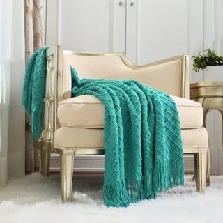 CREVENT Boho-Häkeldecke für Couch, Sofa, Stuhl, Bett, Dekoration, Geschenkidee Freundin, Mutter, Geburtstag, weich, warm, gemütlich, leicht, Frühling und Sommer (127,7 x 152,4 cm, aquamarinblau)