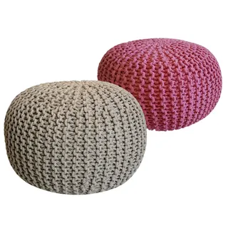 Strickhocker 2er Set Pouf Sitzpouf Sitzpuff Pouf Bodenkissen Ø 55cm beige/pink - Beige, Rosa