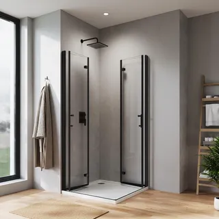 Sonni Schwarzes Dusche Falttür Eckeinstieg Duschkabine 100x100 cm 180o Duschwand Duschabtrennung Nano 6mm Glas Faltdusche Höhe 195 cm Drehfalttür