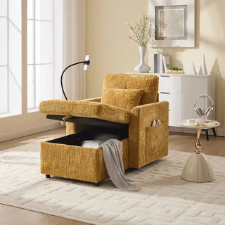 STILVORA Chaiselongue mit Handyständer und 2 Seitentasche,Einzelsofa mit 2 Nackenkissen und verstaubare Rückenlehne,Modernes Sofa aus Chenille,Senfgelb - Gelb