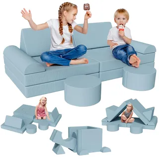 Clevich Spielsofa für Kinder, 15-Teiliges Modulare Kinderspielcouch, Kindersofa ausklappbar, Oeko-TEX100 Zertifiziert, Schlafsofa aus Schaumstoff, für Kuschelecke im Kinderzimmer, Kuschel-Cord (Blau)