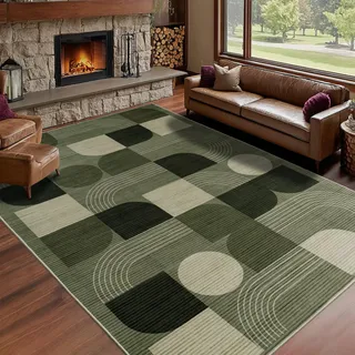 Calinline Teppich Wohnzimmer, Moderne Abstraktem Muster Wohnzimmerteppich, Grün 140x200 cm Kurzflor Wohnzimmer Waschbare Teppiche, Groß Carpet Wollteppich für Schlafzimmer Büro Esszimmer