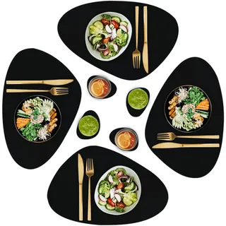 CaSail Tischsets und Untersetzer aus Kunstleder, rund, modern, schwarz, für Esszimmer, hitzebeständig, wasserdicht und rutschfest, für drinnen und draußen, abwischbar für einfache Pflege, 4 Stück