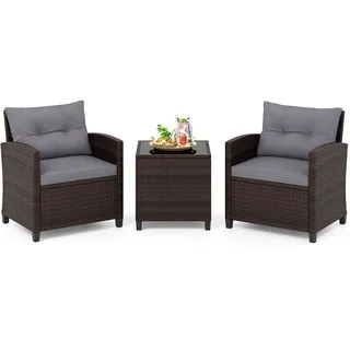 FANTASK 3-TLG. Rattan Gartenmöbel Set, Gartenmöbel Set inkl. 2 Sessel, Kissen & Tisch mit gehärteter Glasplatte, Balkonmöbel für 2 Personen, Wetterfeste Sitzgruppe für Garten (Mix Braun + Grau)