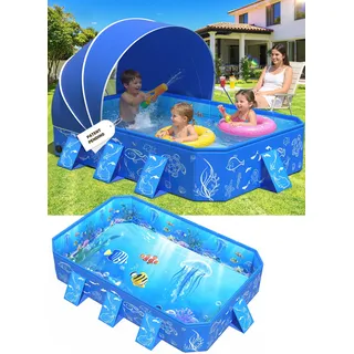 KingSom Planschbecken mit Schatten, Kinder Planschbecken Rectangular mit Sonnendach, Faltbarer Planschbeckens Baby für Sommer, UV Schutz, Schnelle Installation Kinderpool für Garten, 135 x 102 x 31 cm
